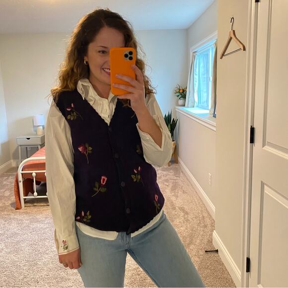 Deadstock Vintage Tulchan Purple Needlepoint Floral Top and Vest Set Small - Picture 3 of 16